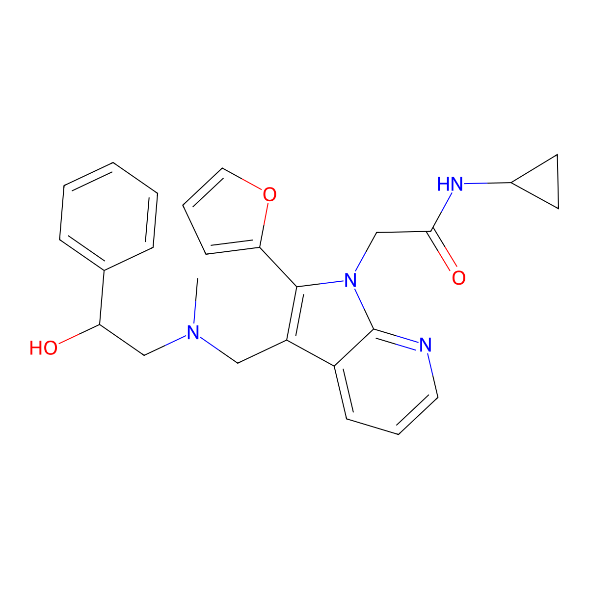 N-Cyclopropyl-2-(2-furanyl)-3-[[(2-hydroxy-2-phenylethyl)methylamino]methyl]-1H-pyrrolo[2,3-b]pyridine-1-acetamide molecular structure, CAS 1240165-85-8
