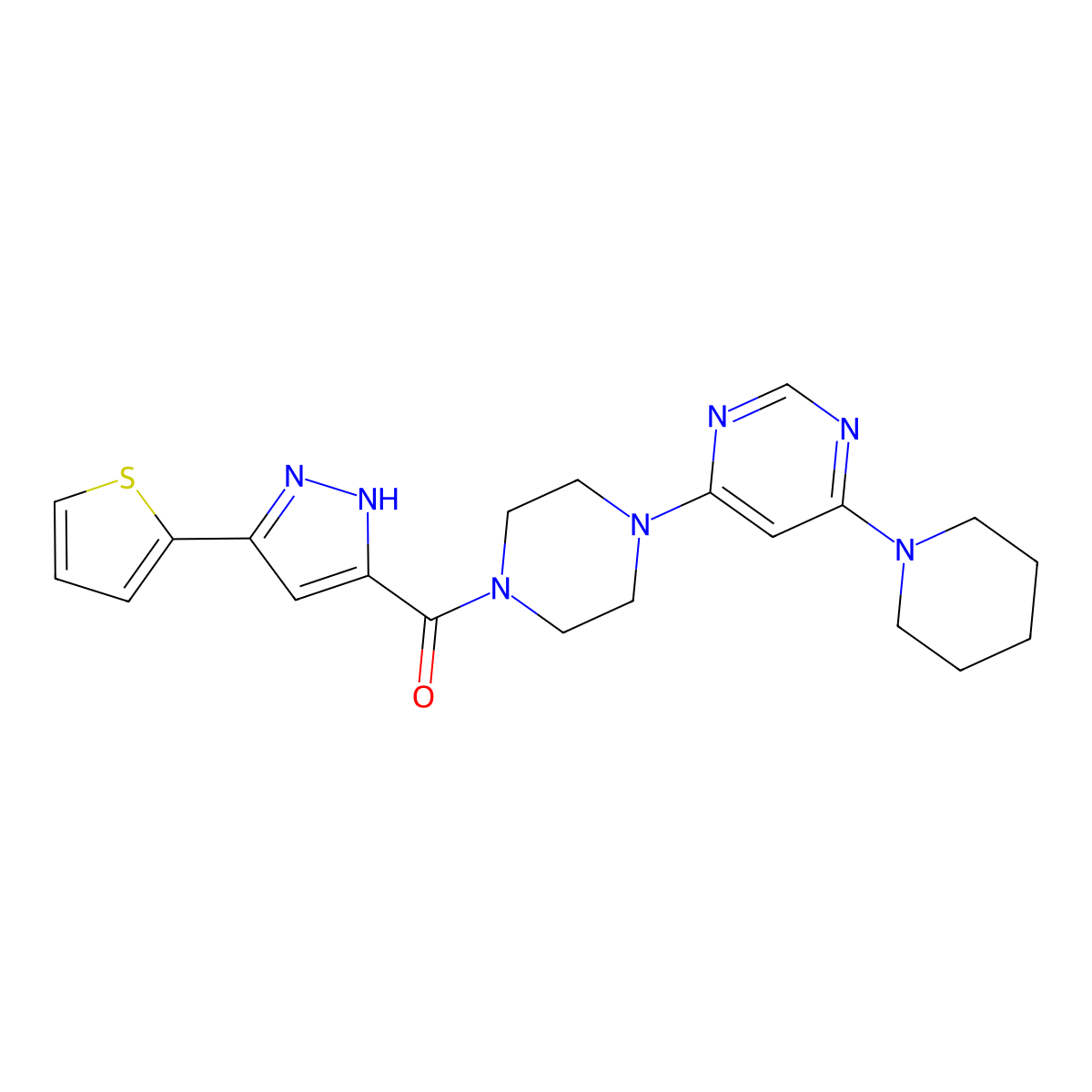 (4-(6-(piperidin-1-yl)pyrimidin-4-yl)piperazin-1-yl)(3-(thiophen-2-yl)-1H-pyrazol-5-yl)methanone molecular structure, CAS 1240217-91-7