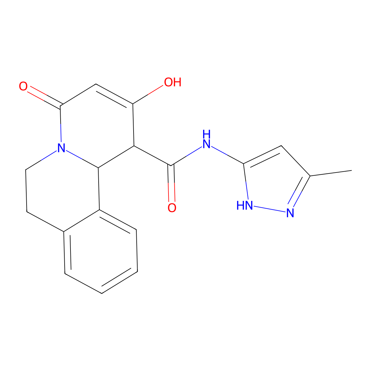 2-hydroxy-N-(3-methyl-1H-pyrazol-5-yl)-4-oxo-1,6,7,11b-tetrahydro-4H-pyrido[2,1-a]isoquinoline-1-carboxamide molecular structure, CAS 1240220-46-5