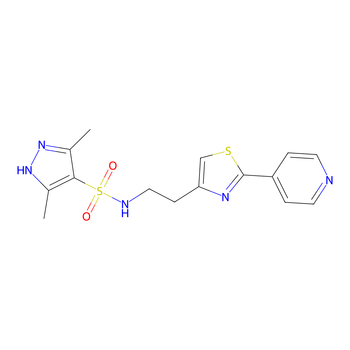 3,5-dimethyl-N-{2-[2-(pyridin-4-yl)-1,3-thiazol-4-yl]ethyl}-1H-pyrazole-4-sulfonamide molecular structure, CAS 1240257-19-5