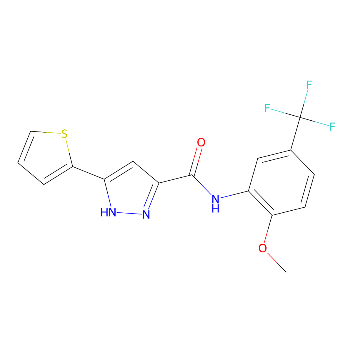 N-(2-methoxy-5-(trifluoromethyl)phenyl)-3-(thiophen-2-yl)-1H-pyrazole-5-carboxamide molecular structure, CAS 1240263-86-8
