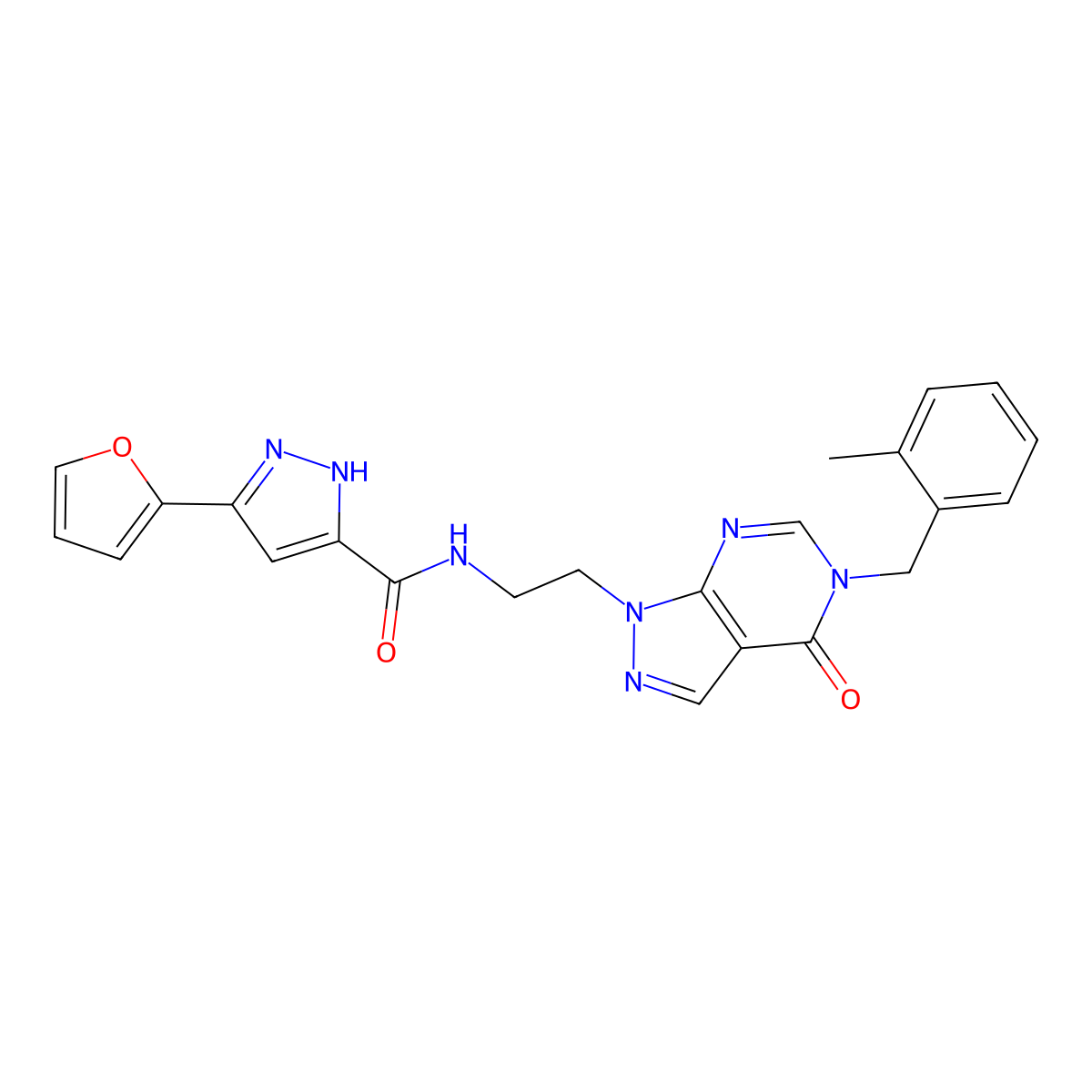 3-(furan-2-yl)-N-(2-(5-(2-methylbenzyl)-4-oxo-4,5-dihydro-1H-pyrazolo[3,4-d]pyrimidin-1-yl)ethyl)-1H-pyrazole-5-carboxamide molecular structure, CAS 1240278-35-6
