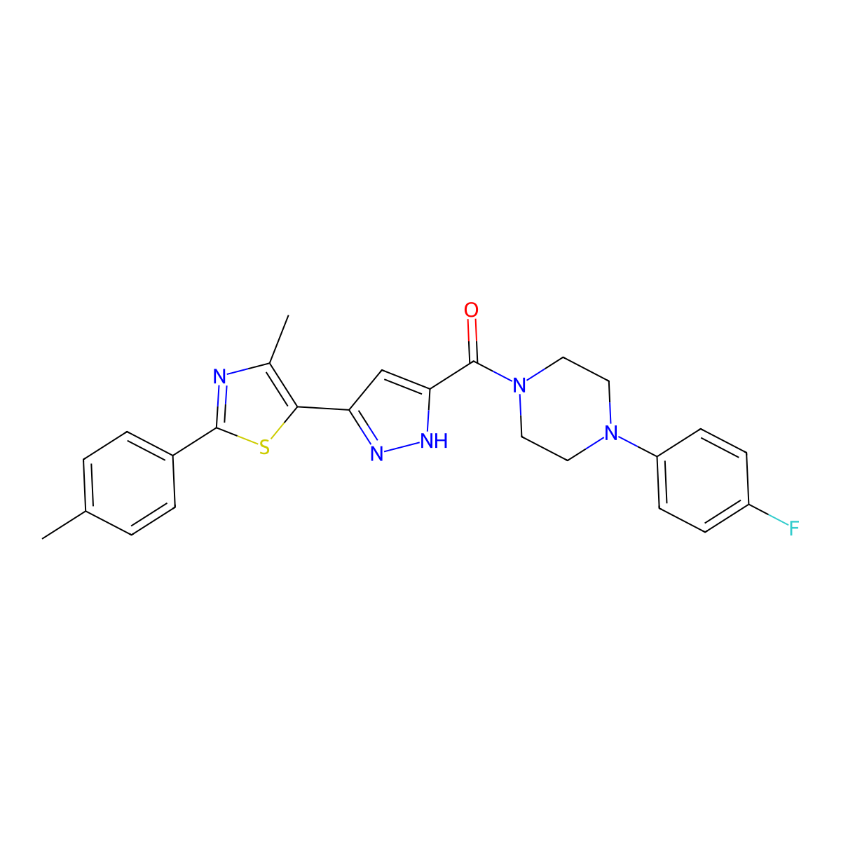 1-(4-fluorophenyl)-4-{3-[4-methyl-2-(4-methylphenyl)-1,3-thiazol-5-yl]-1H-pyrazole-5-carbonyl}piperazine molecular structure, CAS 1240278-60-7