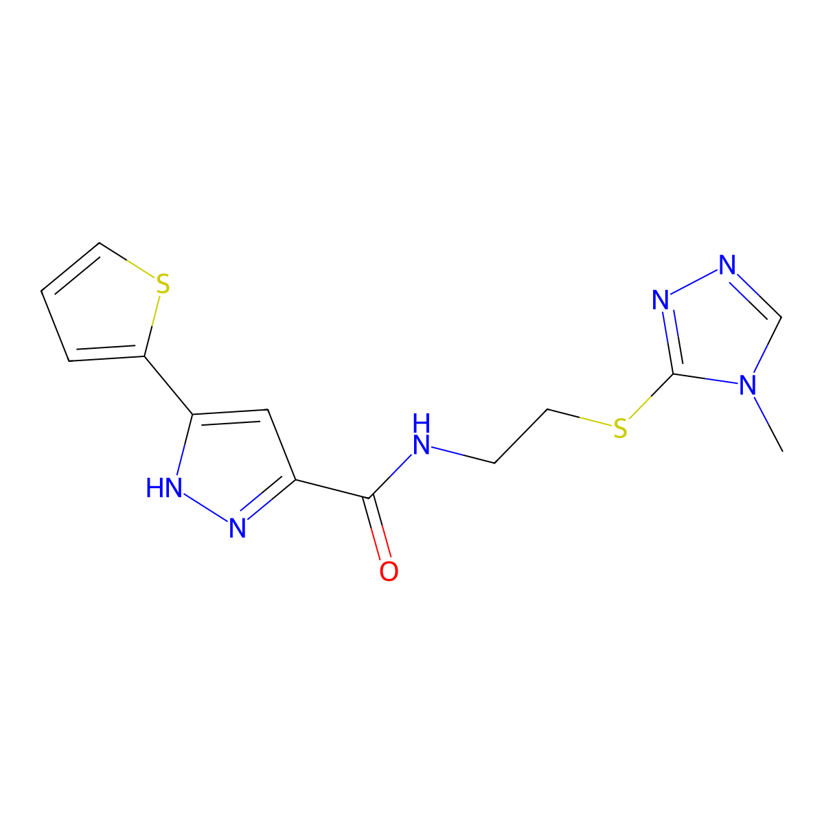 N-(2-((4-methyl-4H-1,2,4-triazol-3-yl)thio)ethyl)-5-(thiophen-2-yl)-1H-pyrazole-3-carboxamide molecular structure, CAS 1240284-02-9