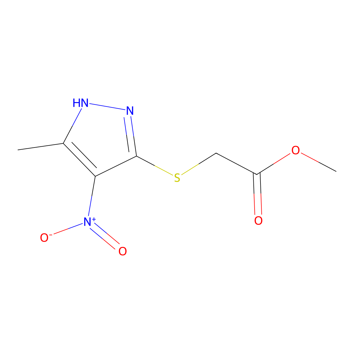 Methyl [(5-methyl-4-nitro-1H-pyrazol-3-yl)thio]-acetate molecular structure, CAS 1240284-08-5