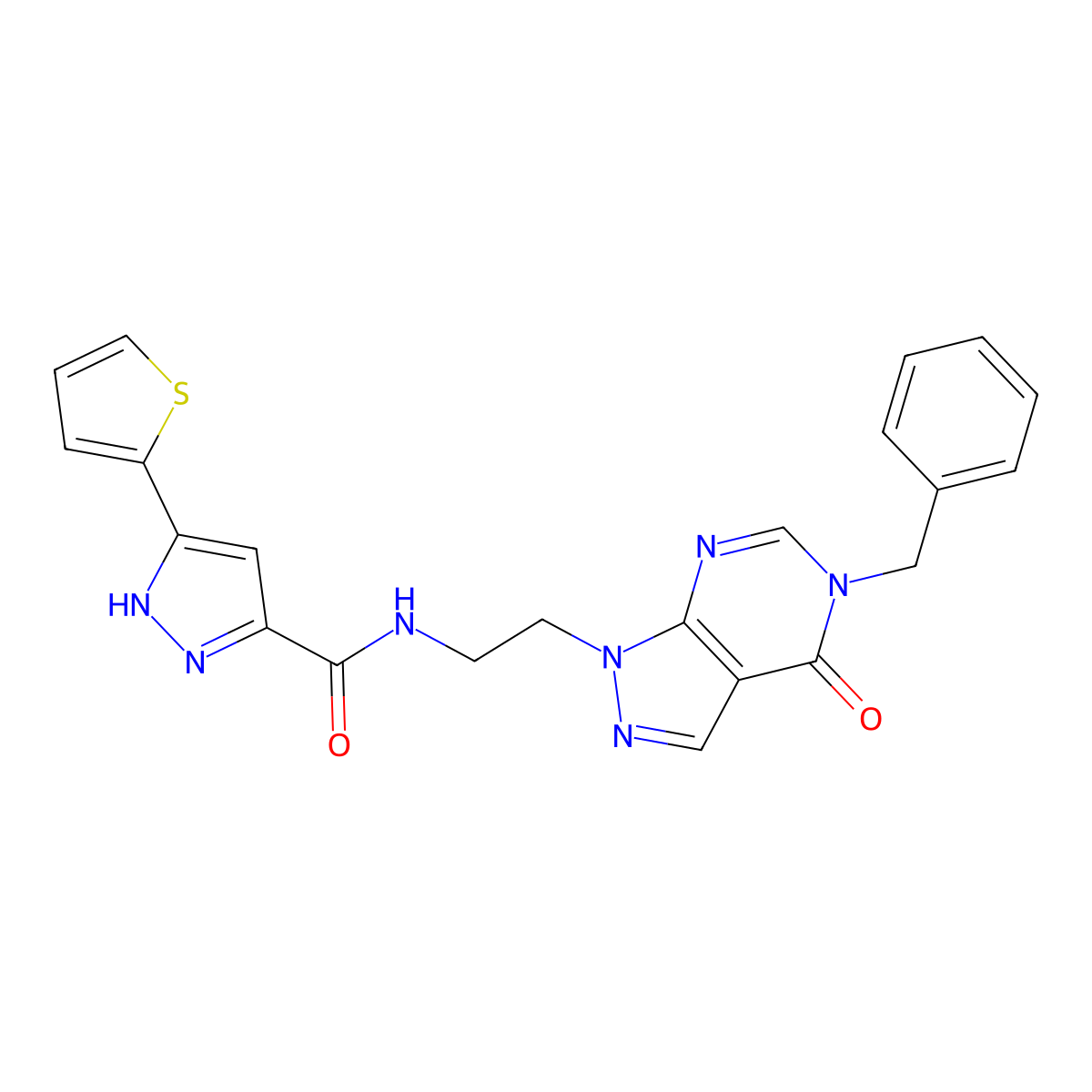 N-(2-(5-benzyl-4-oxo-4,5-dihydro-1H-pyrazolo[3,4-d]pyrimidin-1-yl)ethyl)-3-(thiophen-2-yl)-1H-pyrazole-5-carboxamide molecular structure, CAS 1240290-51-0