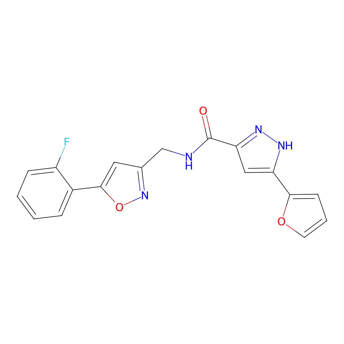 N-((5-(2-fluorophenyl)isoxazol-3-yl)methyl)-3-(furan-2-yl)-1H-pyrazole-5-carboxamide molecular structure, CAS 1240290-52-1