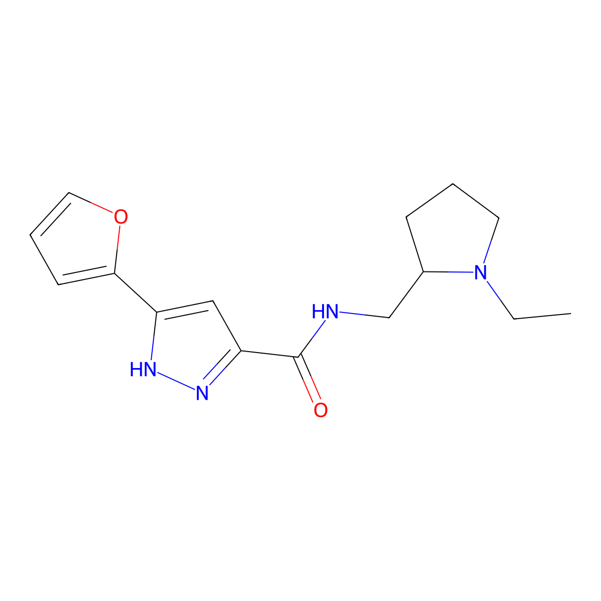 N-[(1-ethyl-2-pyrrolidinyl)methyl]-5-(2-furyl)-1H-pyrazole-3-carboxamide molecular structure, CAS 1240290-61-2