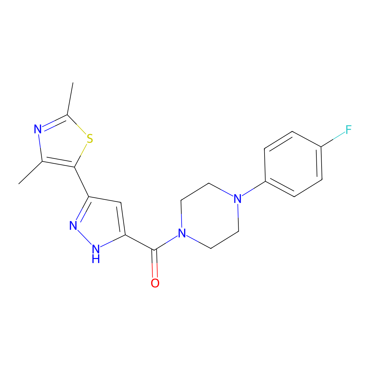 (3-(2,4-dimethylthiazol-5-yl)-1H-pyrazol-5-yl)(4-(4-fluorophenyl)piperazin-1-yl)methanone molecular structure, CAS 1240293-55-3
