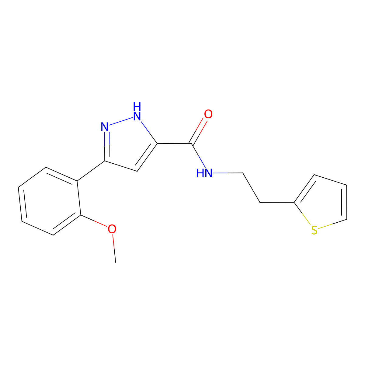 5-(2-methoxyphenyl)-N-(2-(thiophen-2-yl)ethyl)-1H-pyrazole-3-carboxamide molecular structure, CAS 1240312-09-7