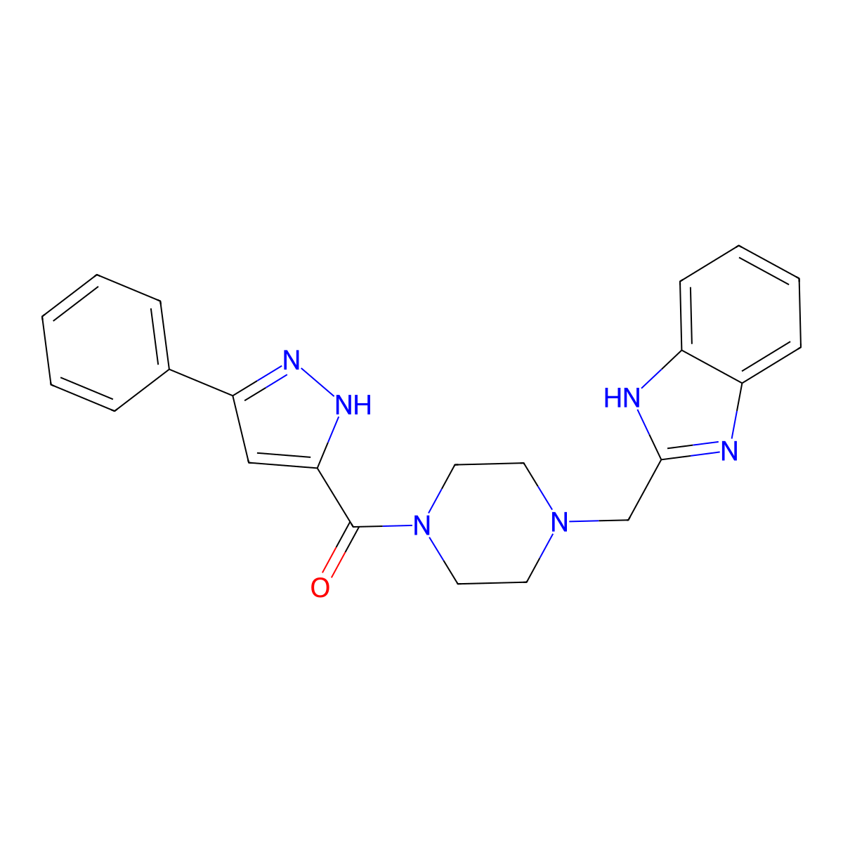 2-{[4-(3-phenyl-1H-pyrazole-5-carbonyl)piperazin-1-yl]methyl}-1H-1,3-benzodiazole molecular structure, CAS 1240314-88-8