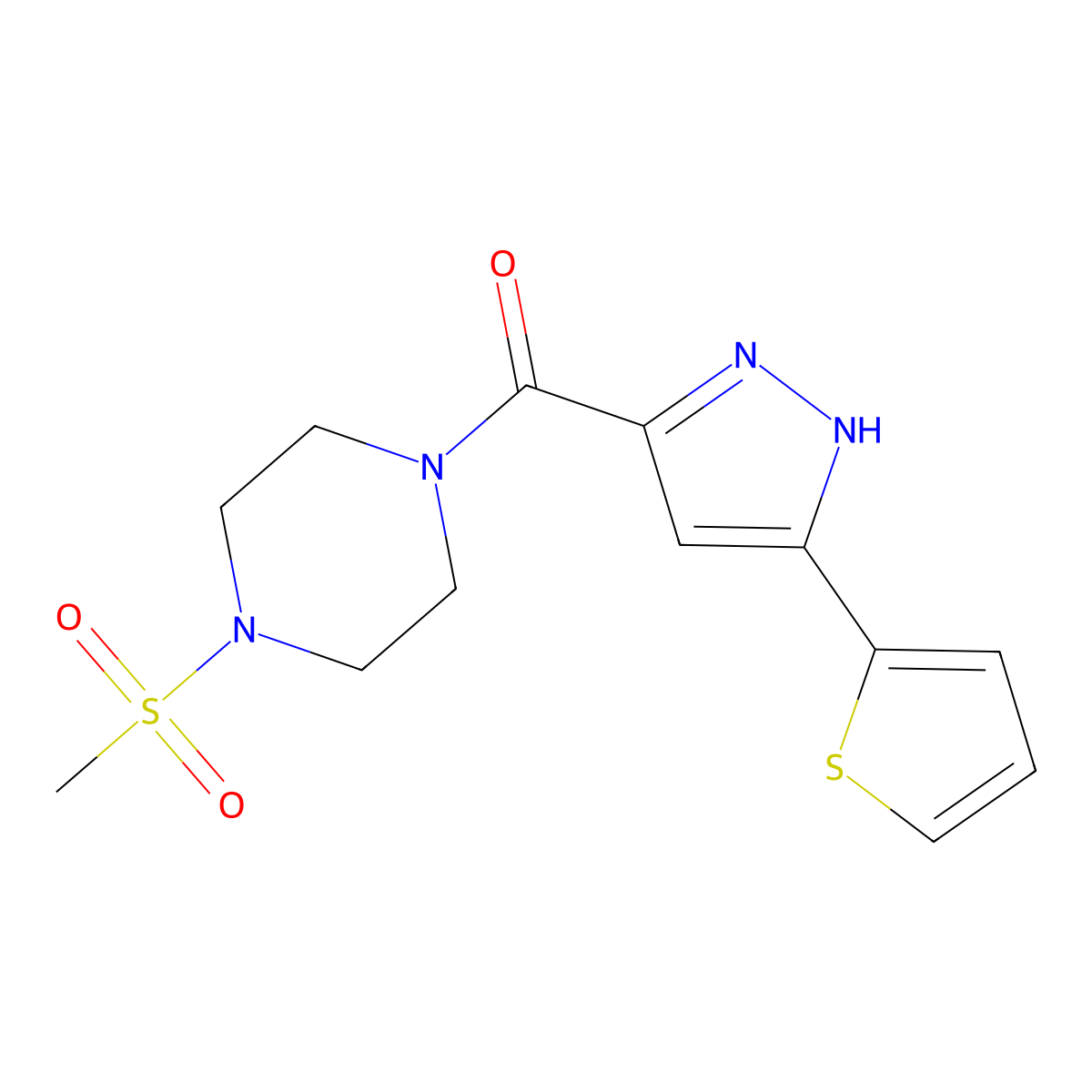 (4-(methylsulfonyl)piperazin-1-yl)(5-(thiophen-2-yl)-1H-pyrazol-3-yl)methanone molecular structure, CAS 1240314-91-3