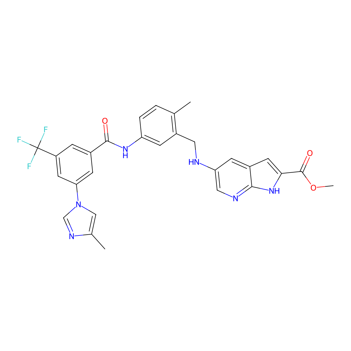 5-[[[2-methyl-5-[[3-(4-methyl-1H-imidazol-1-yl)-5-(trifluoromethyl)benzoyl]amino]phenyl]methyl]amino]-1H-pyrrolo[2,3-b]pyridine-2-carboxylicacid,methylester molecular structure, CAS 1240322-54-6
