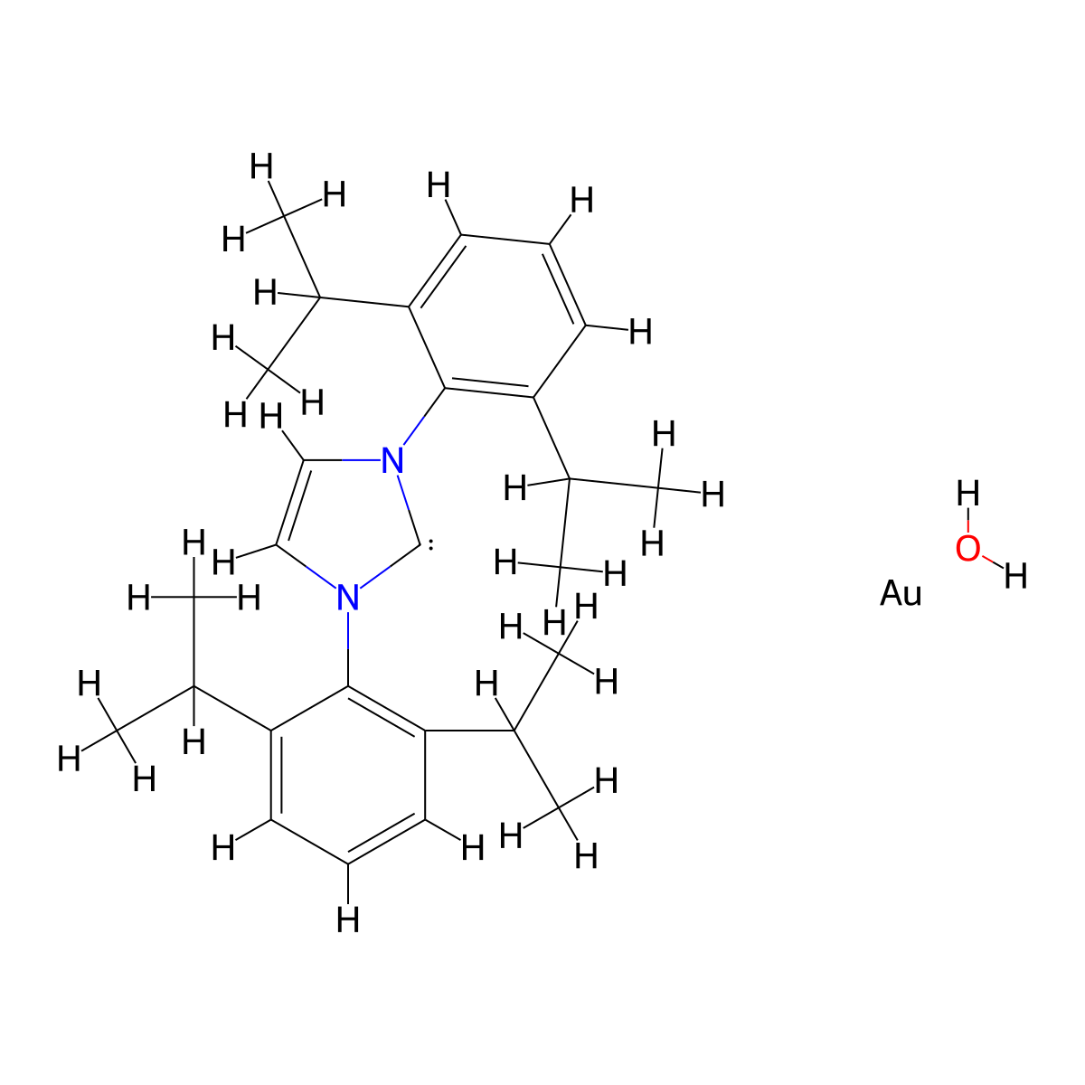 (1,3-Bis(2,6-bis(1-methylethyl)phenyl)-1,3-dihydro-2H-imidazol-2-ylidene)hydroxygold molecular structure, CAS 1240328-73-7
