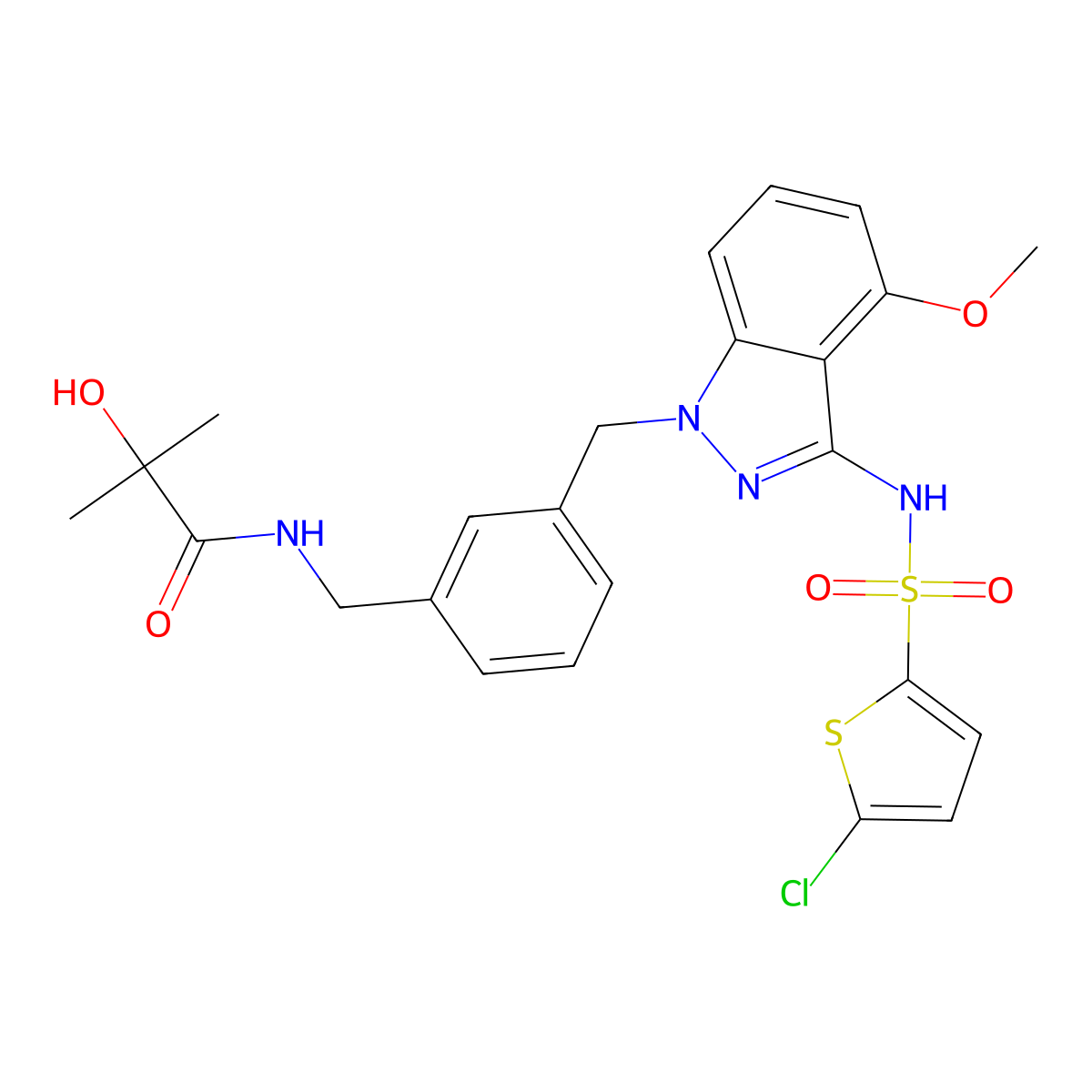 N-((3-((3-(((5-chloro-2-thienyl)sulfonyl)amino)-4-(methyloxy)-1H-indazol-1-yl)methyl)phenyl)methyl)-2-hydroxy-2-methylpropanamide molecular structure, CAS 1240516-71-5