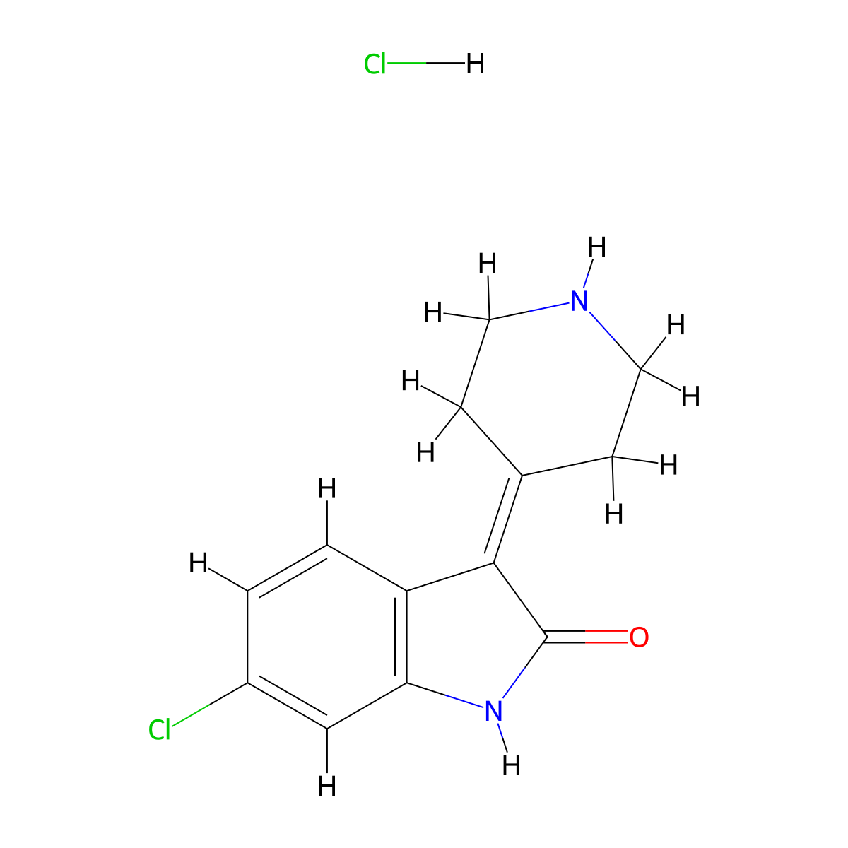 6-chloro-3-(piperidin-4-ylidene)-2,3-dihydro-1H-indol-2-one hydrochloride molecular structure, CAS 1240526-91-3