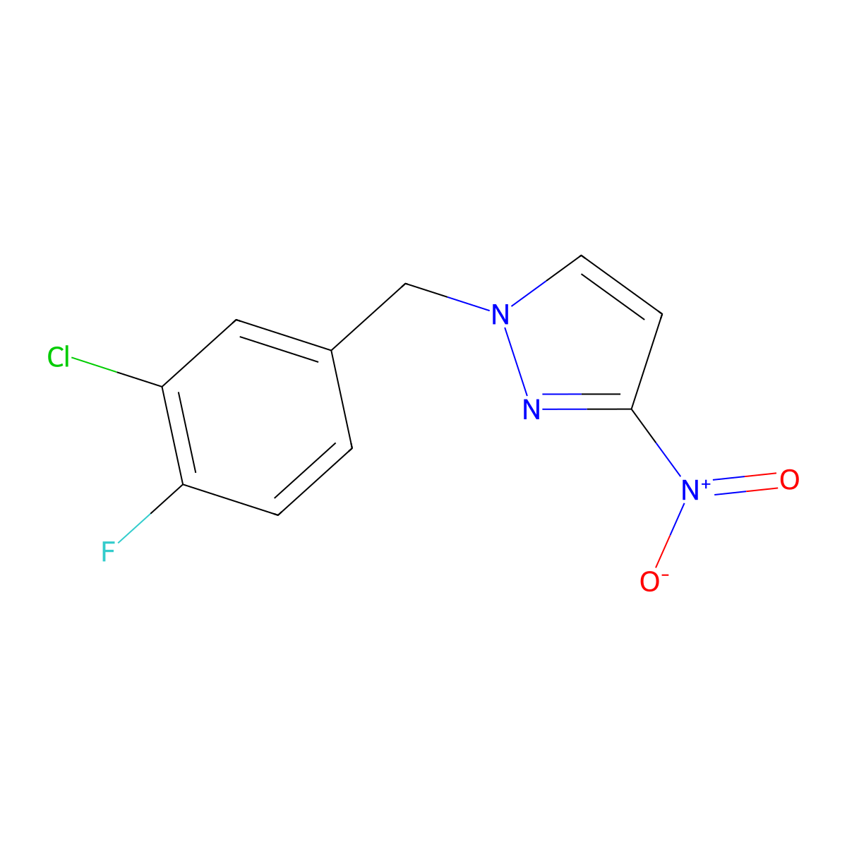 1-[(3-Chloro-4-fluorophenyl)methyl]-3-nitro-1H-pyrazole molecular structure, CAS 1240568-40-4