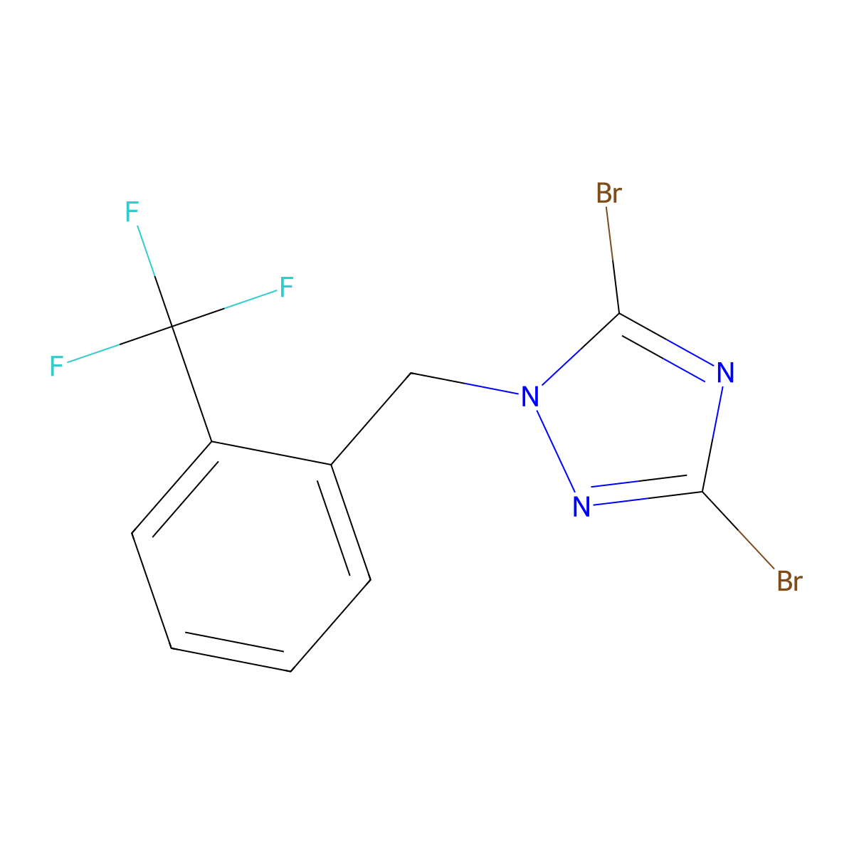 3,5-Dibromo-1-{[2-(trifluoromethyl)phenyl]methyl}-1H-1,2,4-triazole molecular structure, CAS 1240571-69-0
