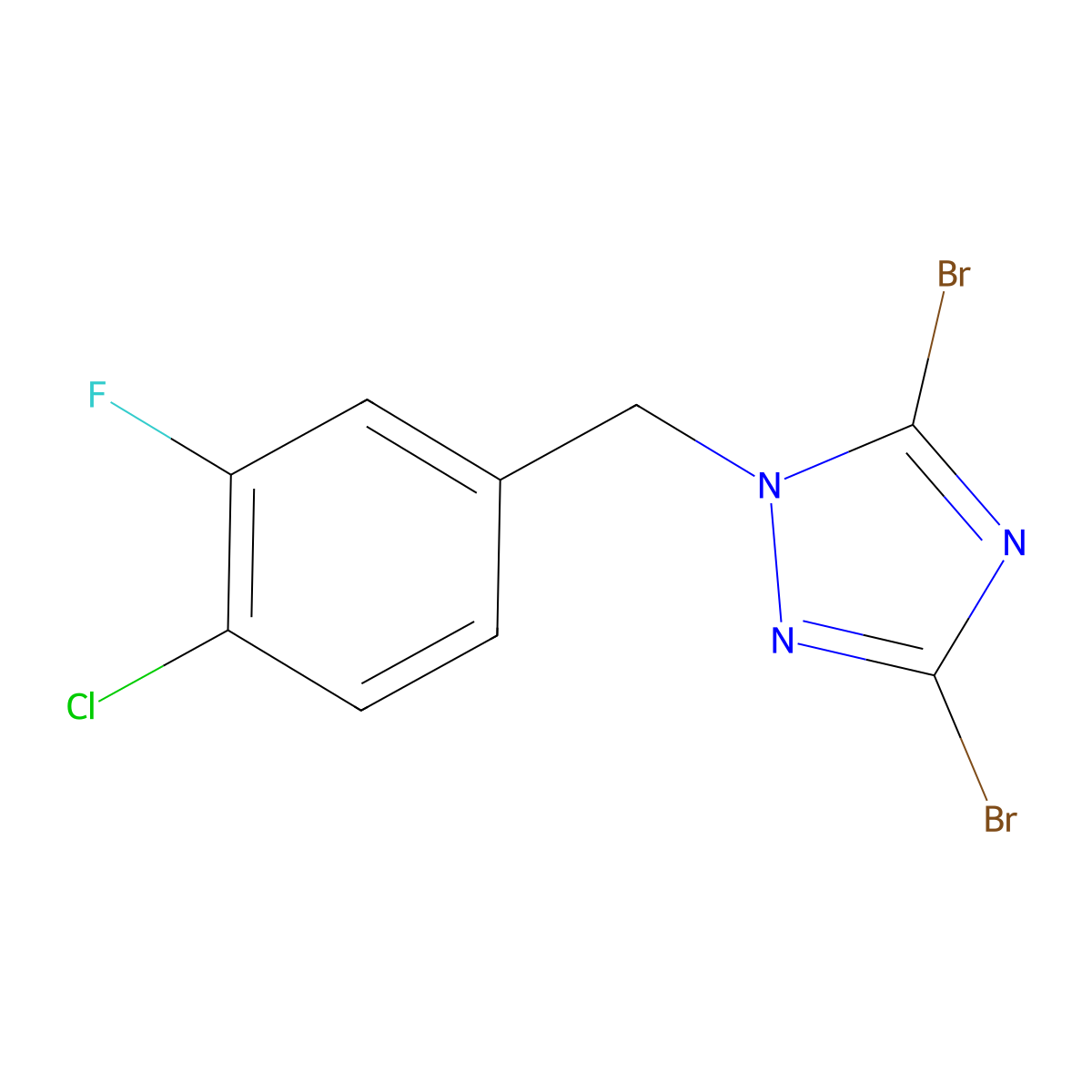 3,5-Dibromo-1-[(4-chloro-3-fluorophenyl)methyl]-1H-1,2,4-triazole molecular structure, CAS 1240572-53-5