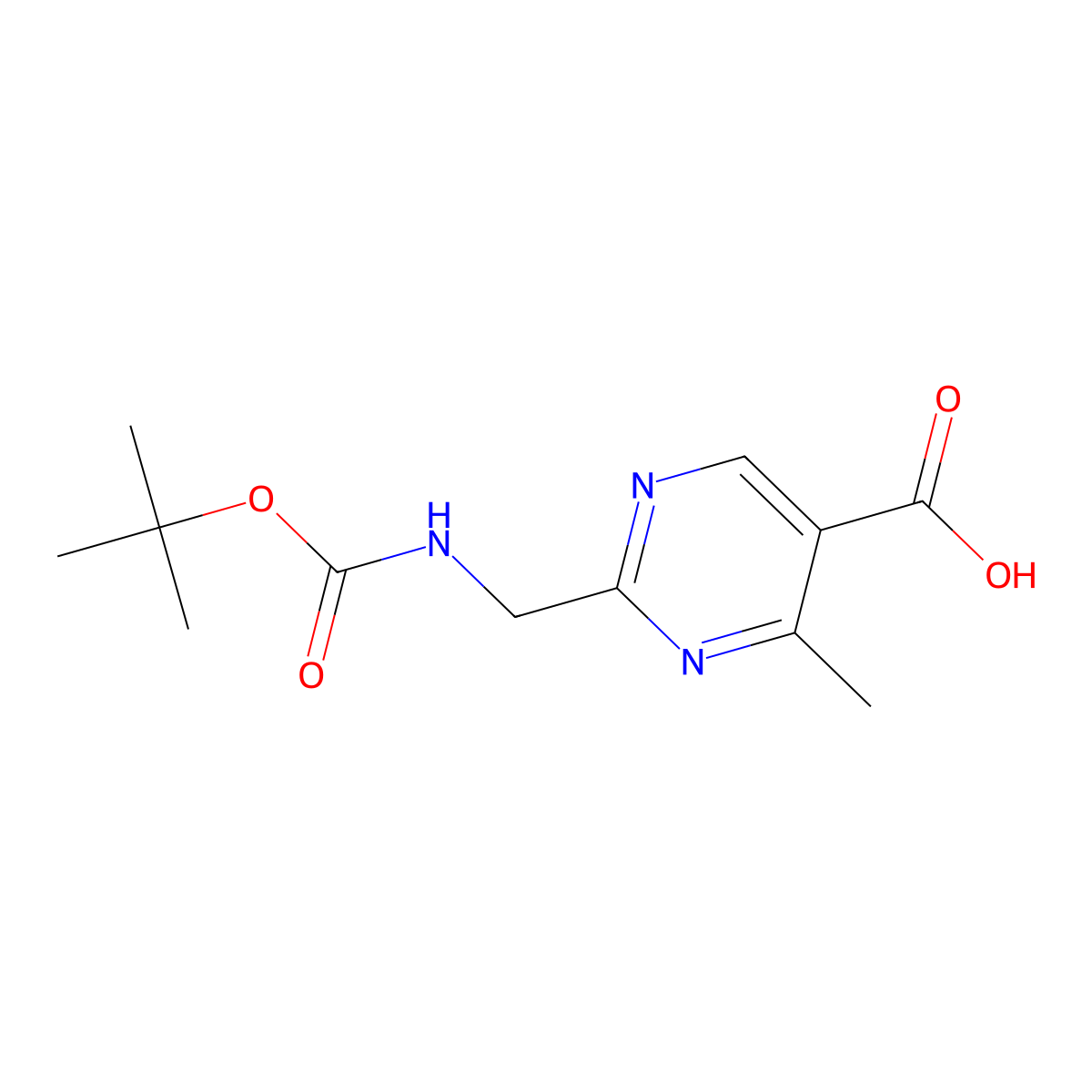 2-((((Tert-butoxy)carbonyl)amino)methyl)-4-methylpyrimidine-5-carboxylic acid molecular structure, CAS 1240596-36-4
