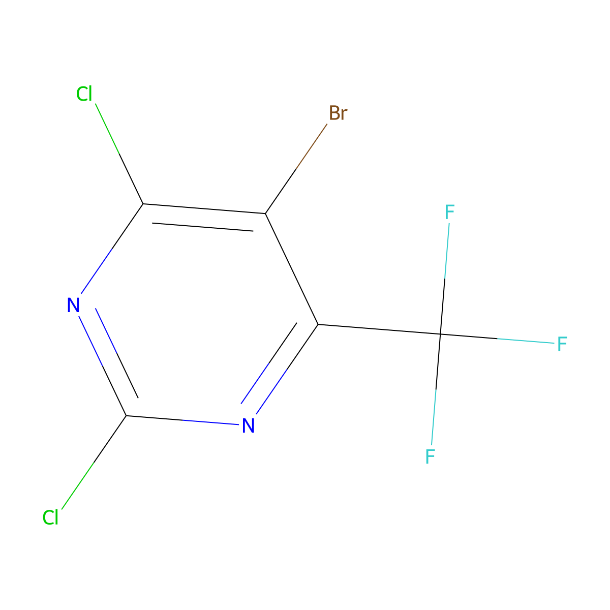 5-Bromo-2,4-dichloro-6-(trifluoromethyl)pyrimidine molecular structure, CAS 1240622-62-1