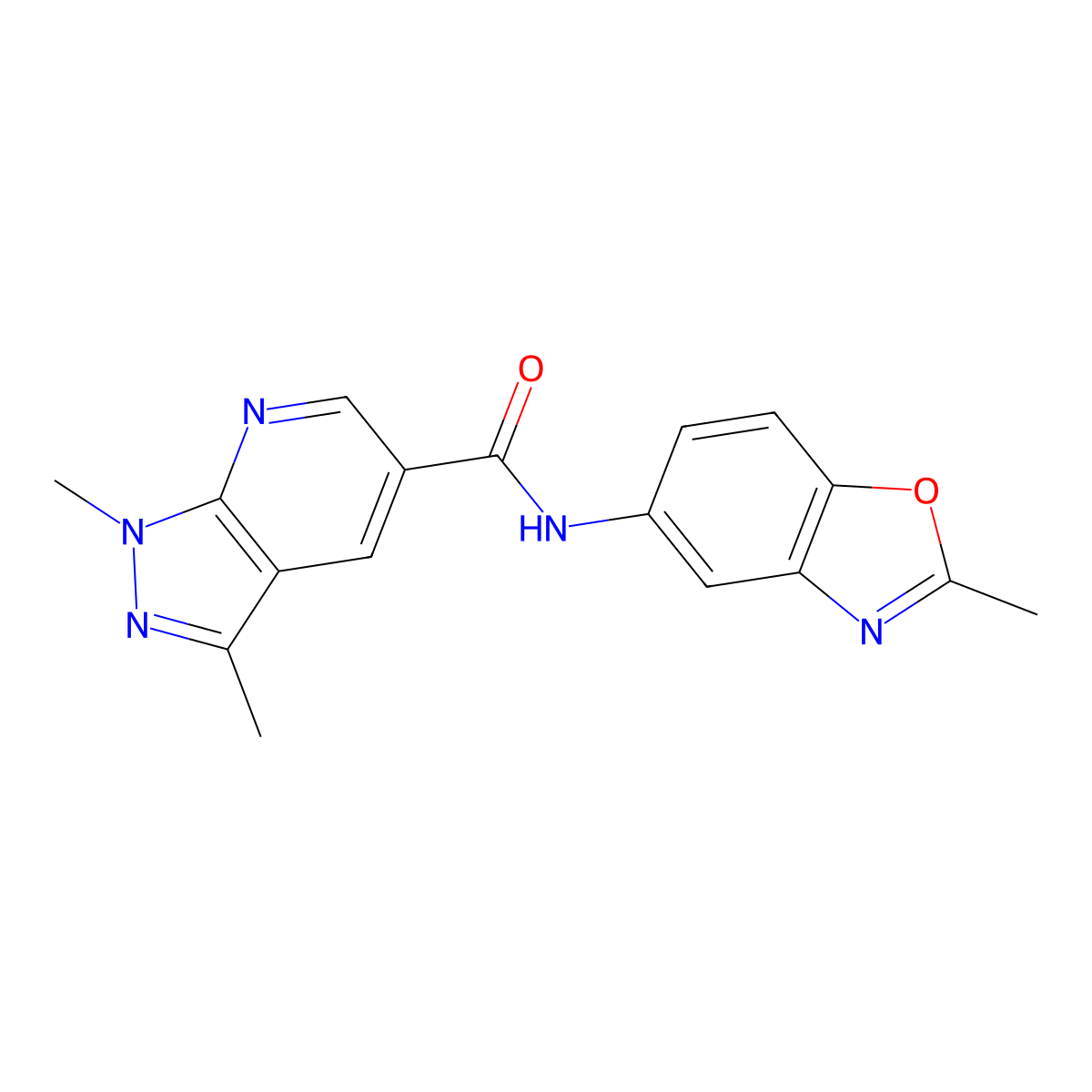 1,3-dimethyl-N-(2-methyl-1,3-benzoxazol-5-yl)-1H-pyrazolo[3,4-b]pyridine-5-carboxamide molecular structure, CAS 1240898-06-9