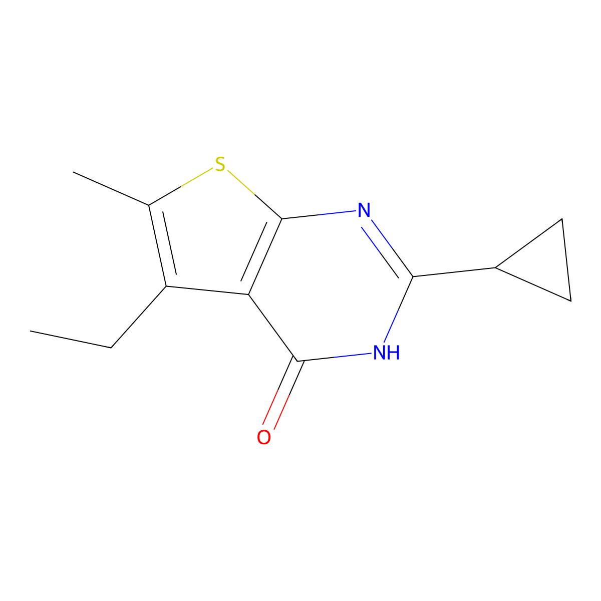 2-cyclopropyl-5-ethyl-6-methyl-3H,4H-thieno[2,3-d]pyrimidin-4-one molecular structure, CAS 1241123-20-5