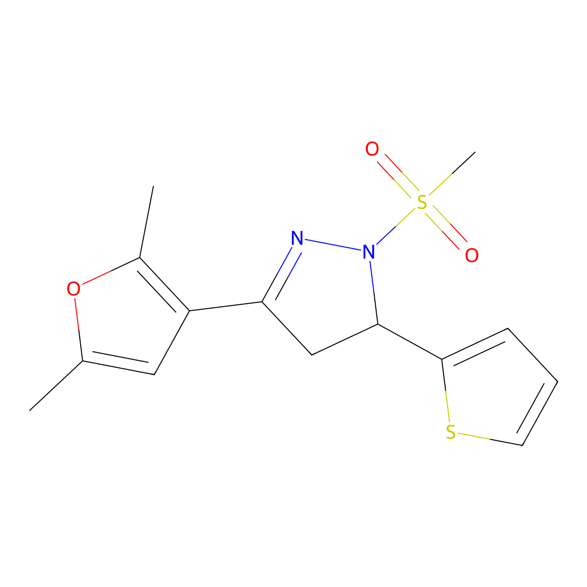3-(2,5-dimethylfuran-3-yl)-1-methanesulfonyl-5-(thiophen-2-yl)-4,5-dihydro-1H-pyrazole molecular structure, CAS 1241438-52-7