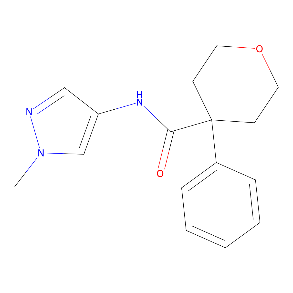 N-(1-methyl-1H-pyrazol-4-yl)-4-phenyltetrahydro-2H-pyran-4-carboxamide molecular structure, CAS 1241508-92-8