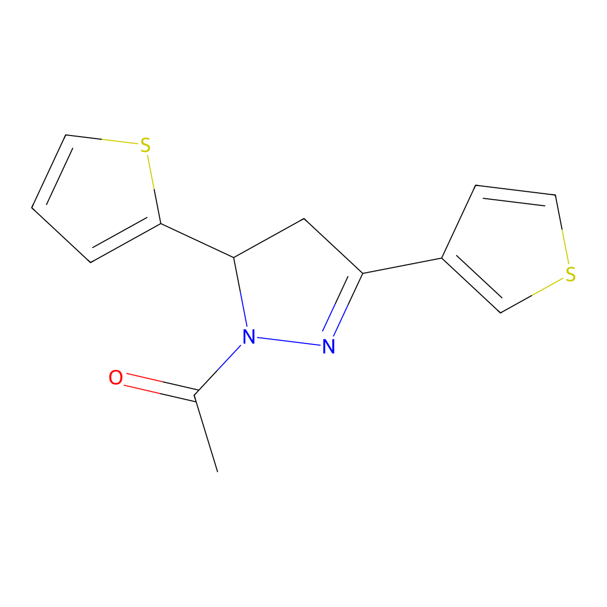 1-[5-(thiophen-2-yl)-3-(thiophen-3-yl)-4,5-dihydro-1H-pyrazol-1-yl]ethan-1-one molecular structure, CAS 1241577-35-4