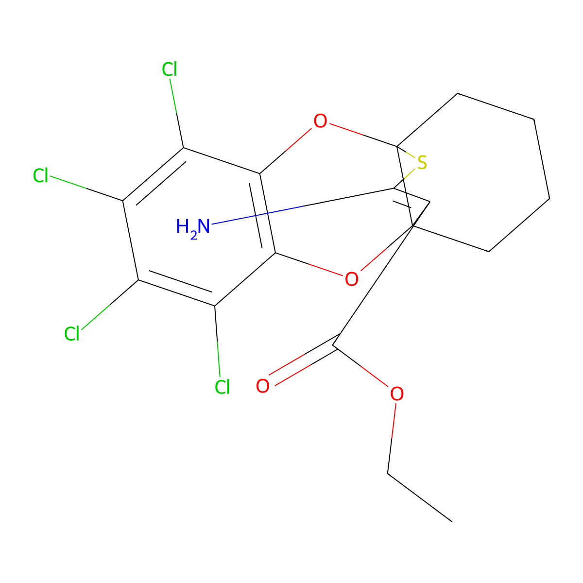 Ethyl 12-amino-6,7,8,9-tetrachloro-1,2,3,4-tetrahydro-4a,10a-(epithioetheno)oxanthrene-11-carboxylate molecular structure, CAS 1241674-33-8
