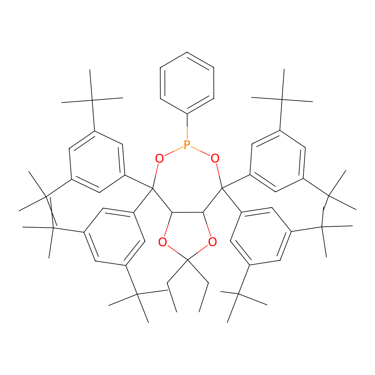 (3aR,8aR)-4,4,8,8-tetrakis(3,5-di-tert-butylphenyl)-2,2-diethyl-6-phenyltetrahydro-[1,3]dioxolo[4,5-e][1,3,2]dioxaphosphepine molecular structure, CAS 1241684-27-4