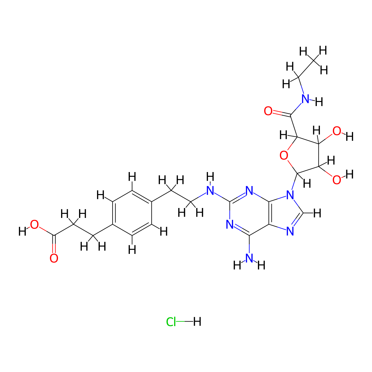 3-(4-(2-((6-Amino-9-((2R,3R,4S,5S)-5-(ethylcarbamoyl)-3,4-dihydroxytetrahydro-furan-2-yl)-9H-purin-2-yl)amino)ethyl)phenyl)propanoic acid hydrochloride molecular structure, CAS 124182-57-6