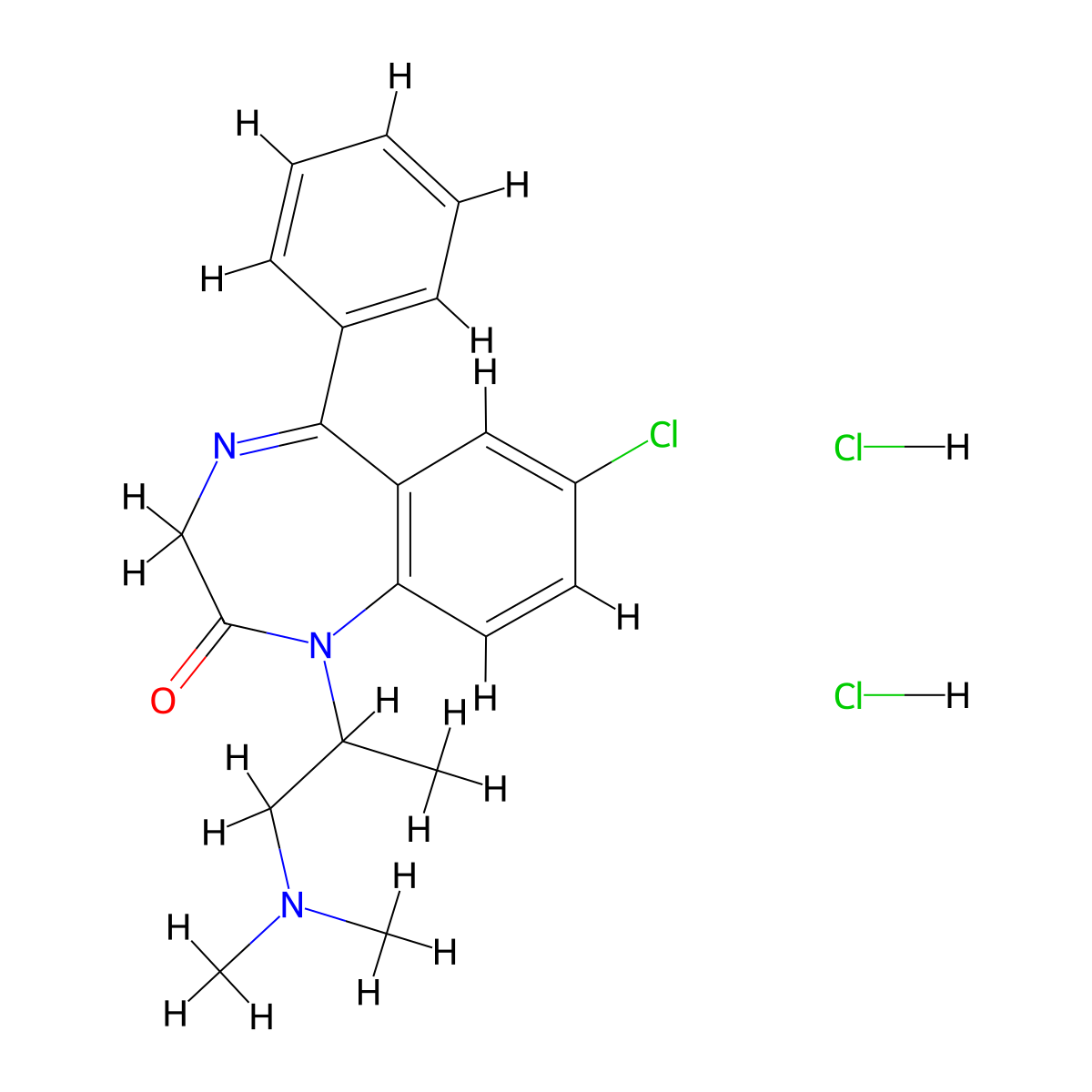 2H-1,4-Benzodiazepin-2-one, 1,3-dihydro-7-chloro-1-(2-(dimethylamino)-1-methylethyl)-5-phenyl-, dihydrochloride molecular structure, CAS 1242-71-3