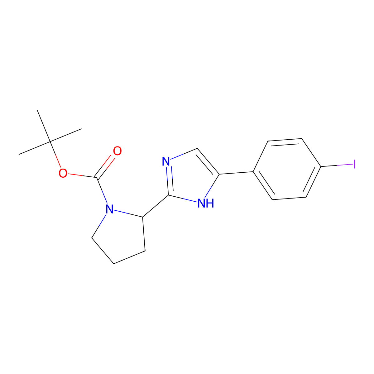 (S)-tert-Butyl 2-(5-(4-iodophenyl)-1H-imidazol-2-yl)pyrrolidine-1-carboxylate molecular structure, CAS 1242094-29-6