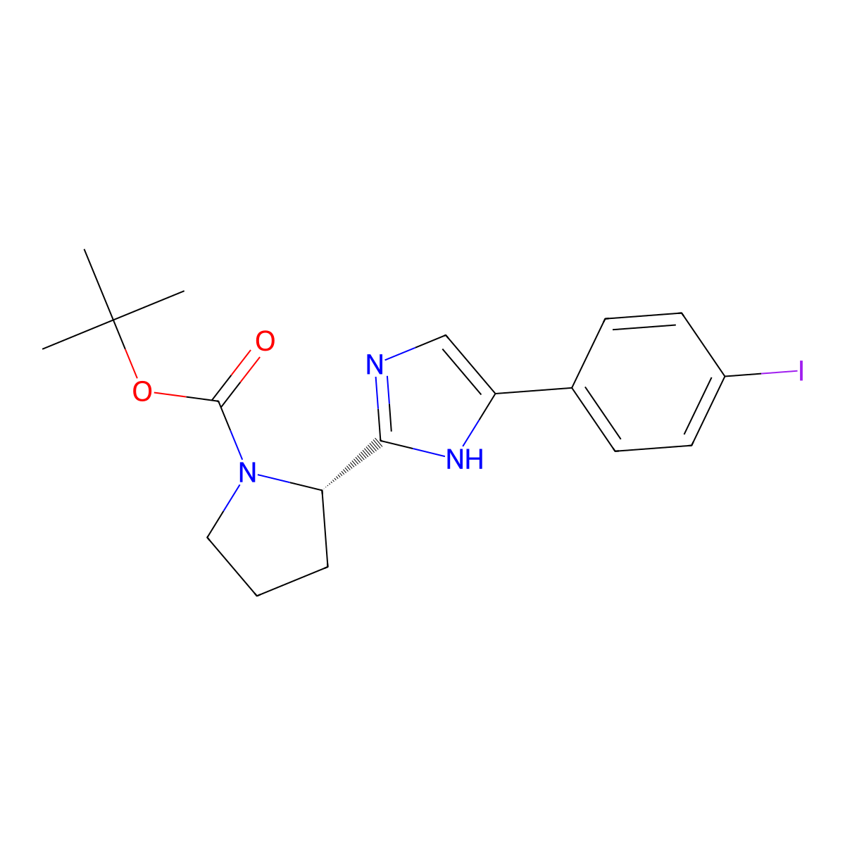 (S)-tert-Butyl 2-(5-(4-iodophenyl)-1H-imidazol-2-yl)pyrrolidine-1-carboxylate molecular structure, CAS 1242094-29-6