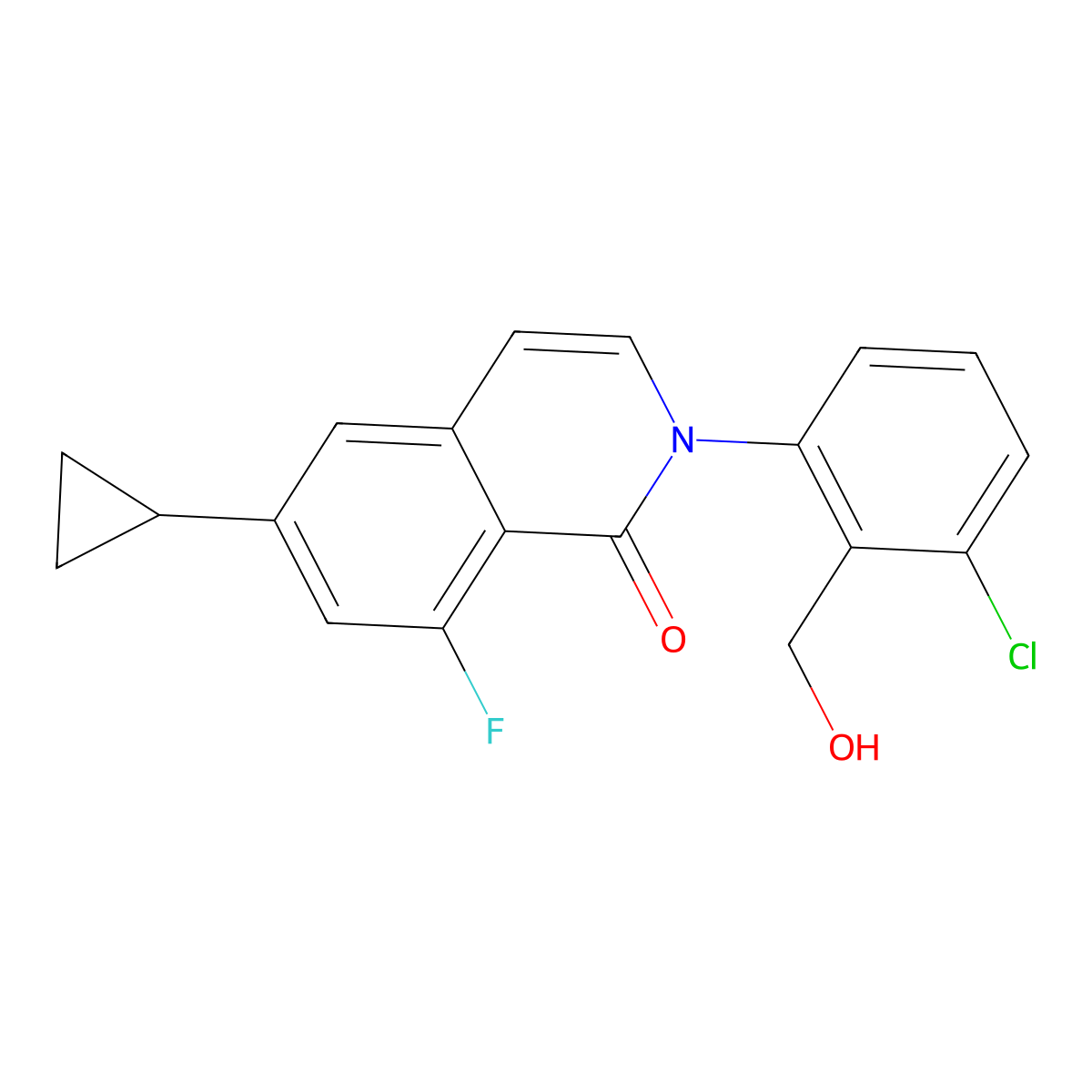 2-(3-chloro-2-(hydroxymethyl)phenyl)-6-cyclopropyl-8-fluoroisoquinolin-1(2H)-one molecular structure, CAS 1242156-55-3