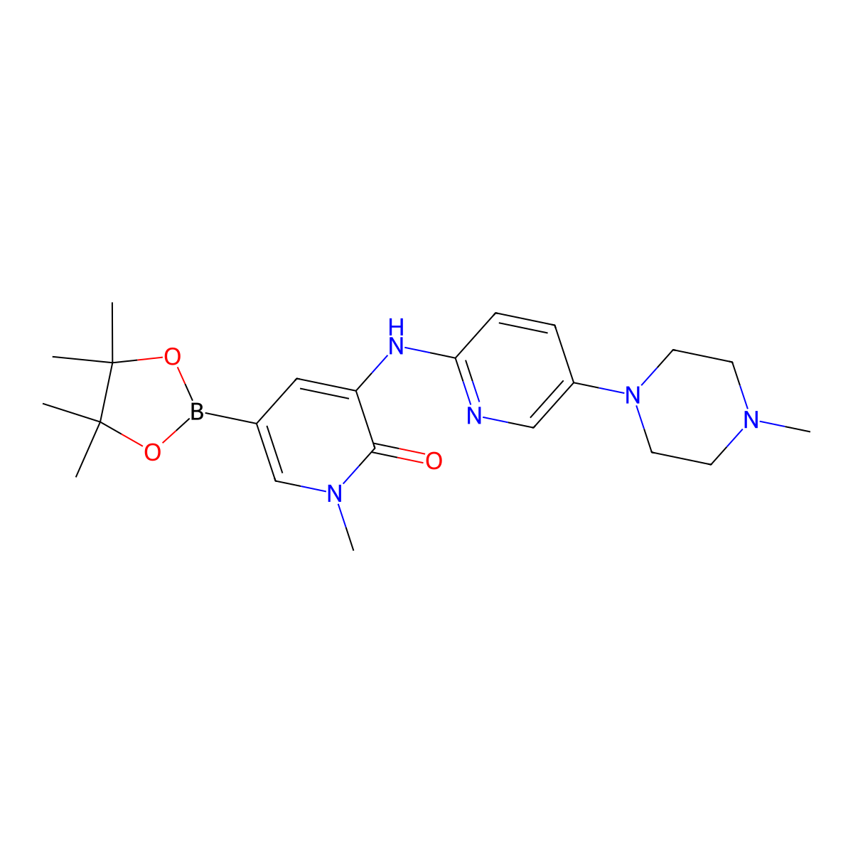 1-methyl-3-((5-(4-methylpiperazin-1-yl)pyridin-2-yl)amino)-5-(4,4,5,5-tetramethyl-1,3,2-dioxaborolan-2-yl)pyridin-2(1H)-one molecular structure, CAS 1242156-62-2