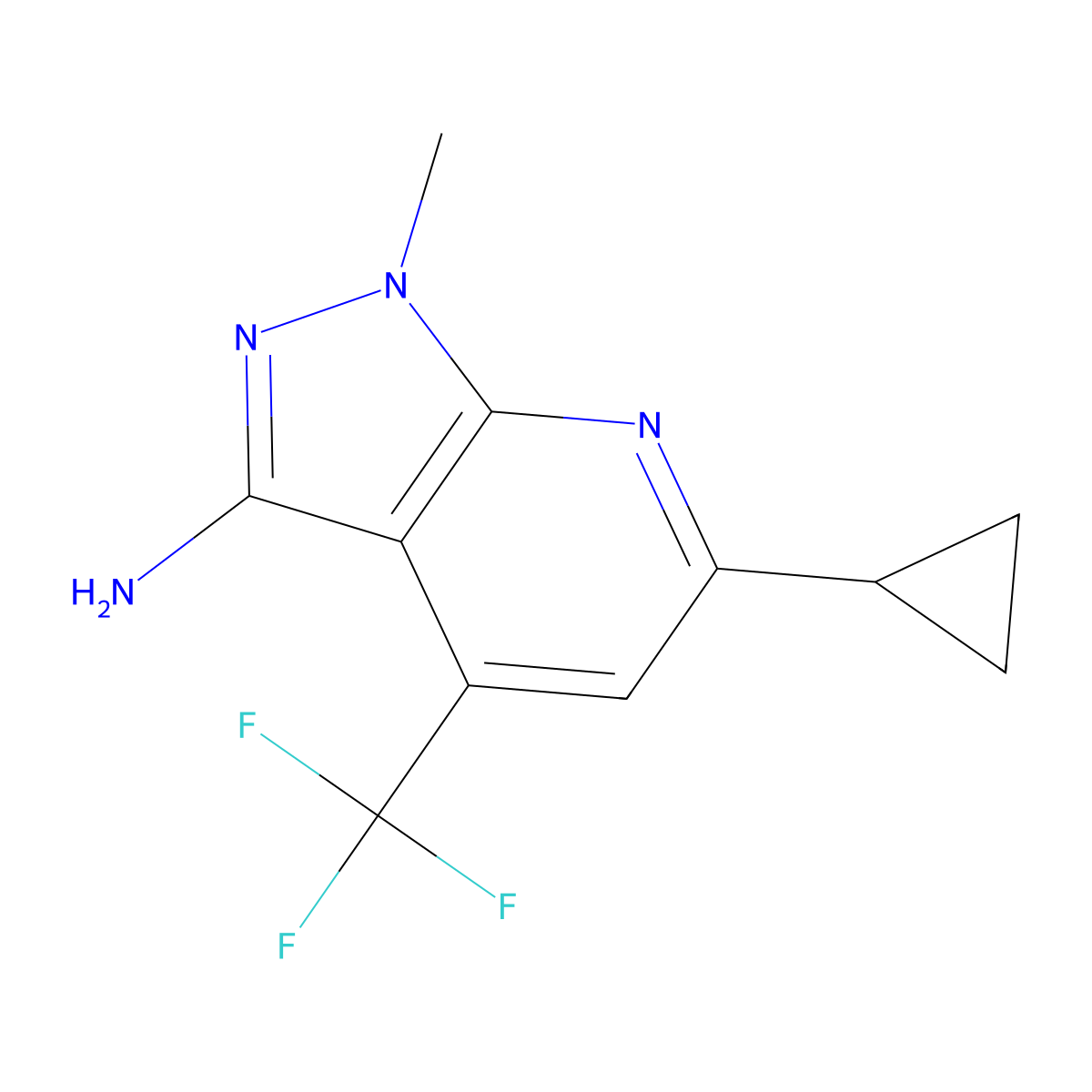 6-cyclopropyl-1-methyl-4-(trifluoromethyl)-1H-pyrazolo[3,4-b]pyridin-3-amine molecular structure, CAS 1242267-97-5