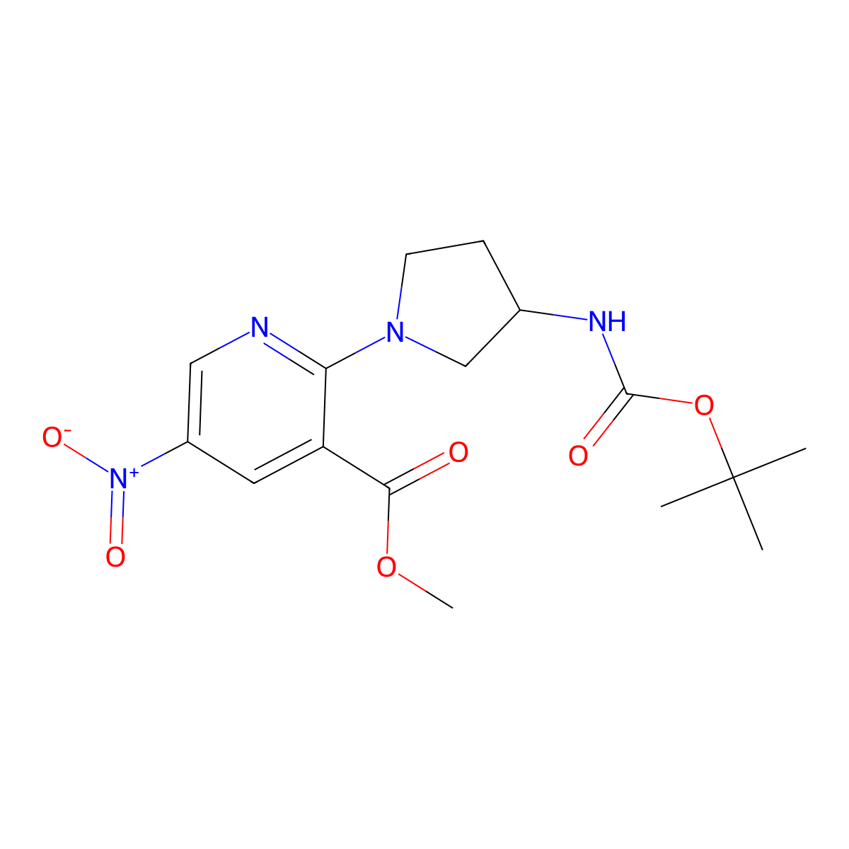Methyl 2-{3-[(tert-butoxycarbonyl)amino]-1-pyrrolidinyl}-5-nitronicotinate molecular structure, CAS 1242268-00-3