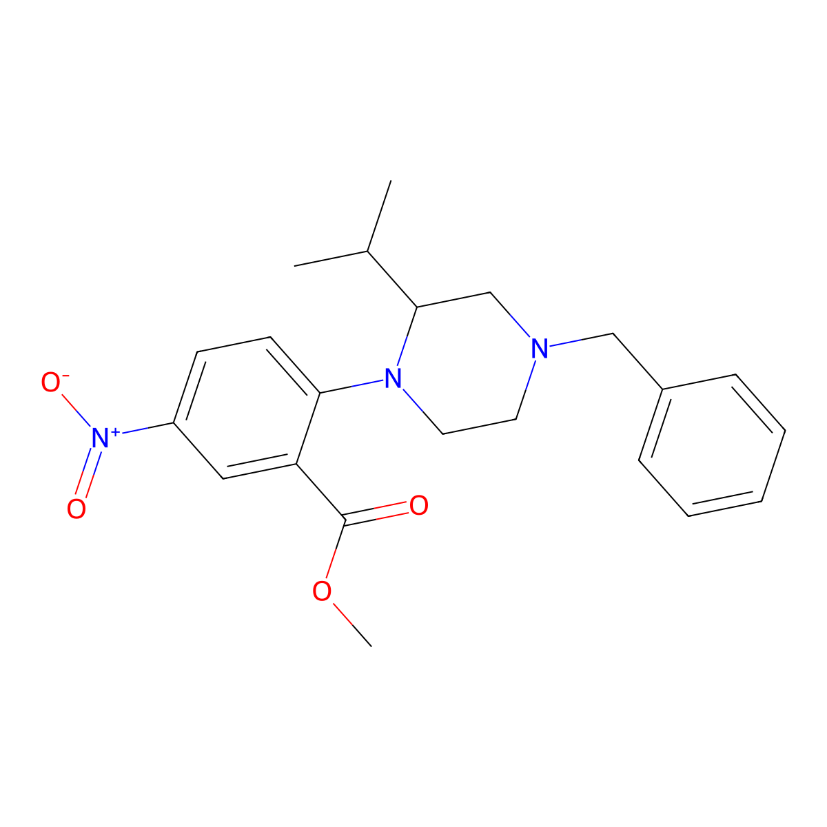 Methyl 2-[4-benzyl-2-(propan-2-yl)piperazin-1-yl]-5-nitrobenzoate molecular structure, CAS 1242268-07-0