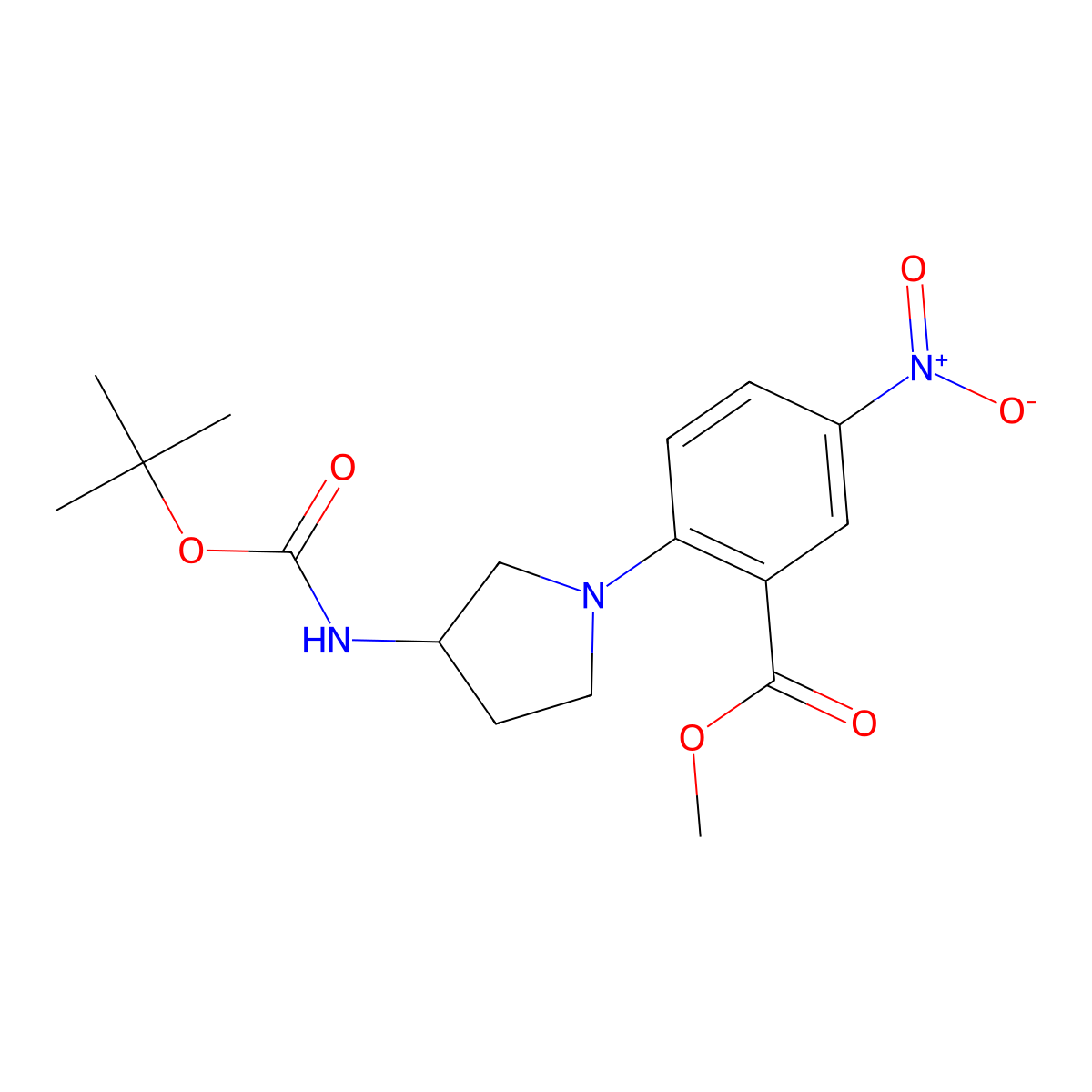Methyl 2-(3-((tert-butoxycarbonyl)amino)pyrrolidin-1-yl)-5-nitrobenzoate molecular structure, CAS 1242268-23-0