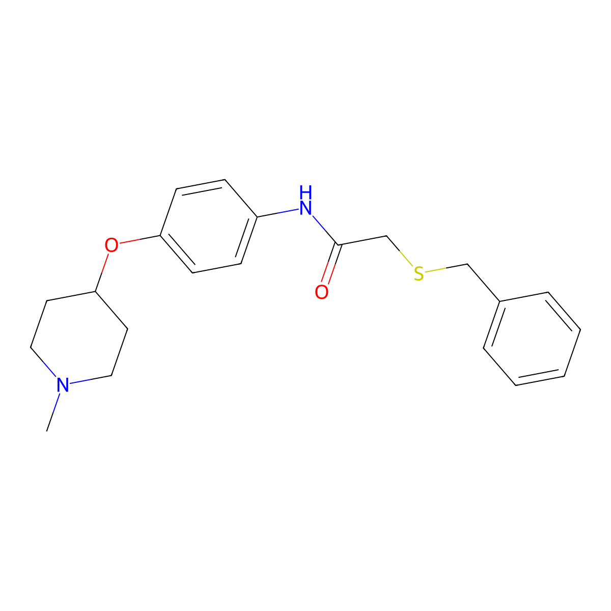2-(benzylsulfanyl)-N-{4-[(1-methylpiperidin-4-yl)oxy]phenyl}acetamide molecular structure, CAS 1242823-78-4