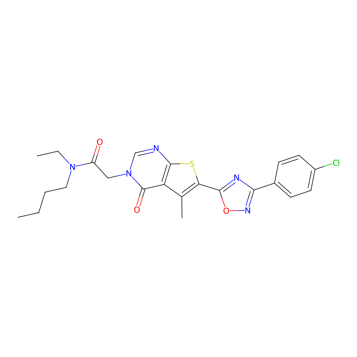 N-butyl-2-(6-(3-(4-chlorophenyl)-1,2,4-oxadiazol-5-yl)-5-methyl-4-oxothieno[2,3-d]pyrimidin-3(4H)-yl)-N-ethylacetamide molecular structure, CAS 1242854-13-2