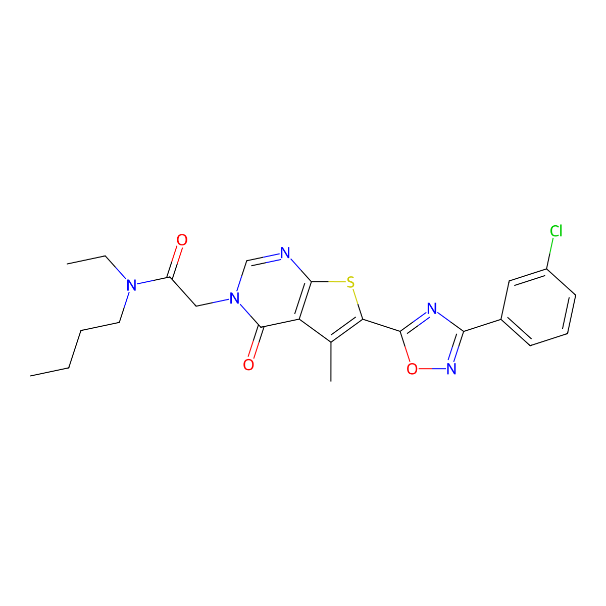 N-butyl-2-(6-(3-(3-chlorophenyl)-1,2,4-oxadiazol-5-yl)-5-methyl-4-oxothieno[2,3-d]pyrimidin-3(4H)-yl)-N-ethylacetamide molecular structure, CAS 1242854-20-1