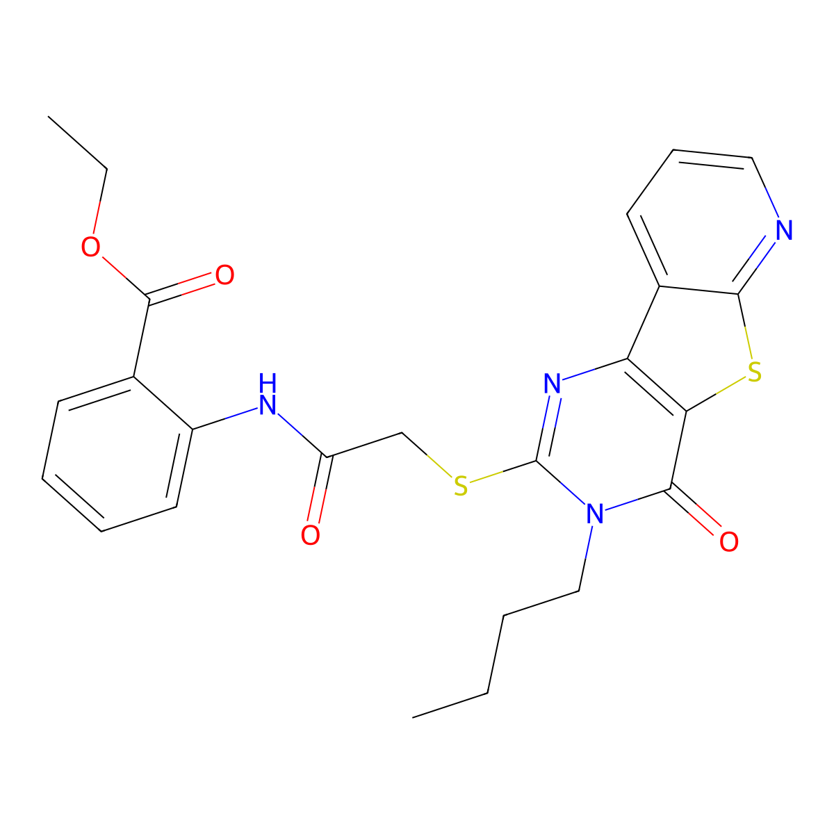 Ethyl 2-(2-((3-butyl-4-oxo-3,4-dihydropyrido[3',2':4,5]thieno[3,2-d]pyrimidin-2-yl)thio)acetamido)benzoate molecular structure, CAS 1242855-88-4