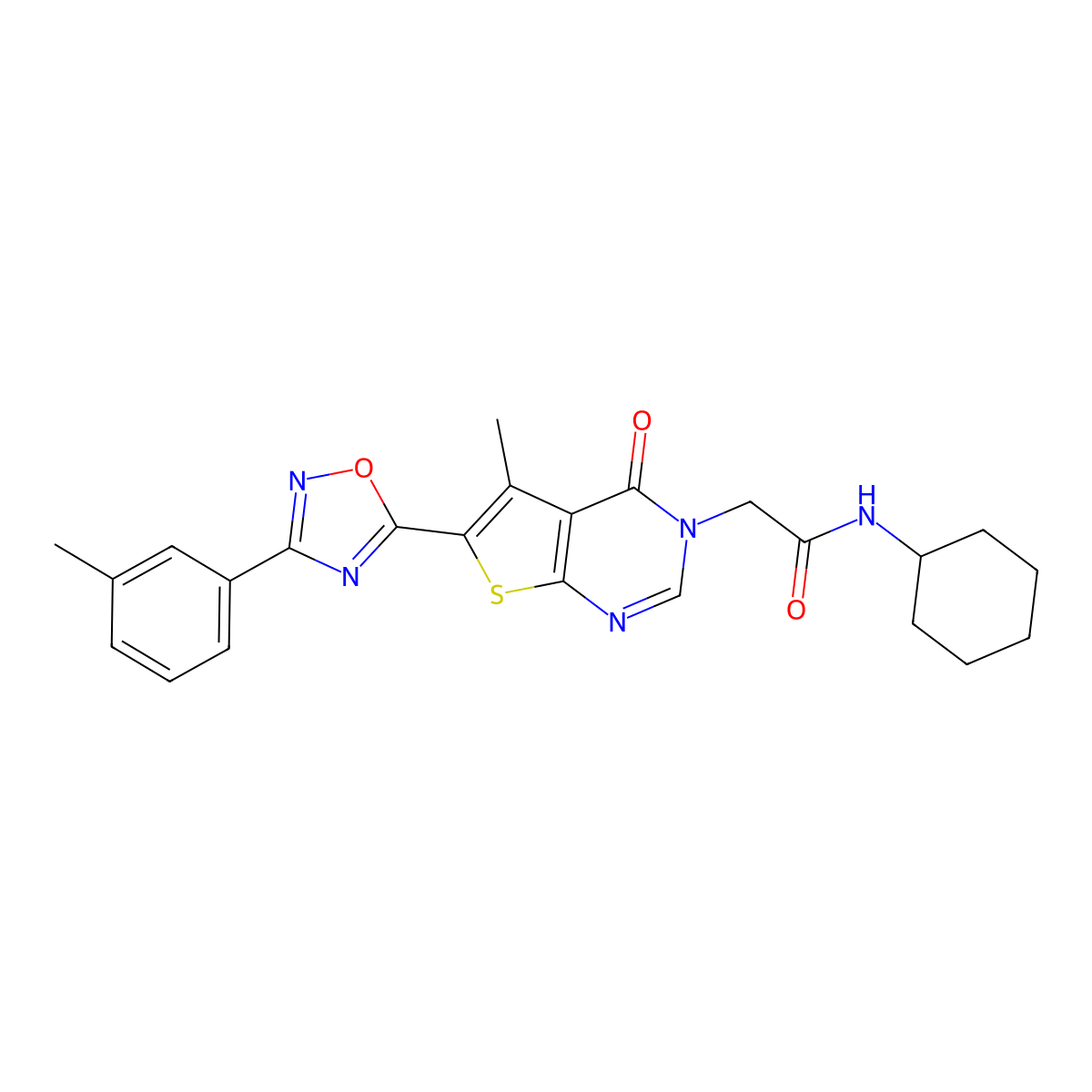 N-cyclohexyl-2-(5-methyl-4-oxo-6-(3-(m-tolyl)-1,2,4-oxadiazol-5-yl)thieno[2,3-d]pyrimidin-3(4H)-yl)acetamide molecular structure, CAS 1242857-36-8
