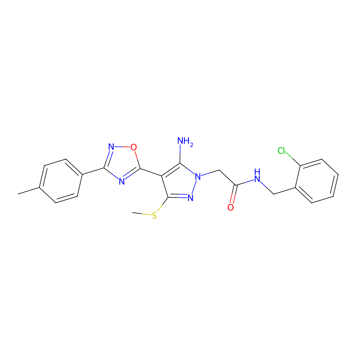 2-{5-amino-4-[3-(4-methylphenyl)-1,2,4-oxadiazol-5-yl]-3-(methylsulfanyl)-1H-pyrazol-1-yl}-N-[(2-chlorophenyl)methyl]acetamide molecular structure, CAS 1242858-53-2