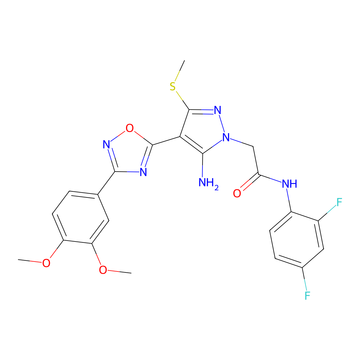 2-(5-amino-4-(3-(3,4-dimethoxyphenyl)-1,2,4-oxadiazol-5-yl)-3-(methylthio)-1H-pyrazol-1-yl)-N-(2,4-difluorophenyl)acetamide molecular structure, CAS 1242858-93-0