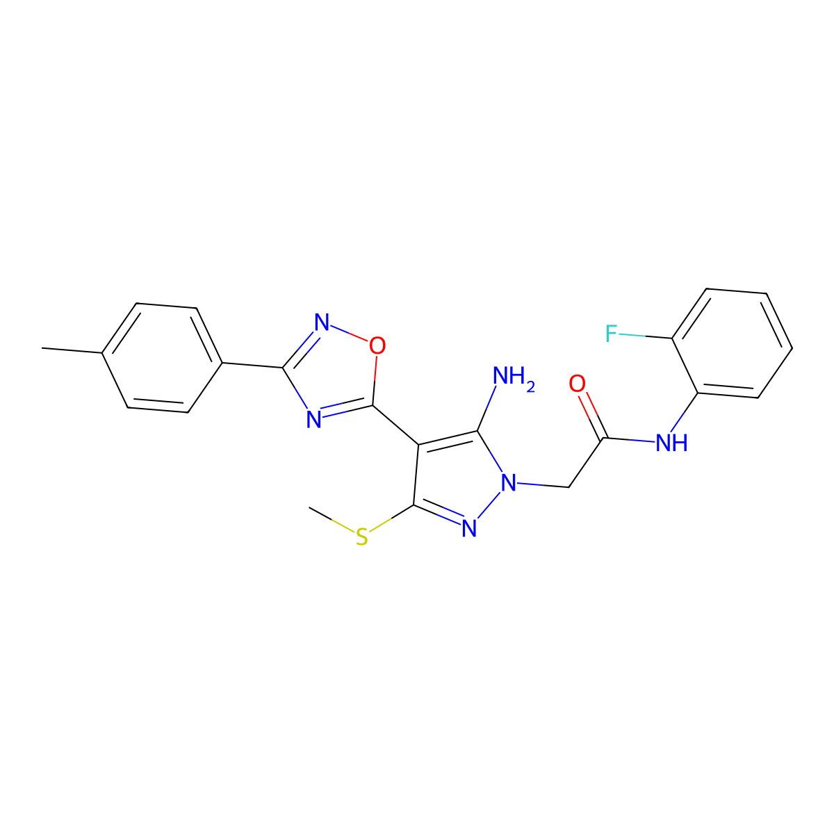 2-{5-amino-4-[3-(4-methylphenyl)-1,2,4-oxadiazol-5-yl]-3-(methylsulfanyl)-1H-pyrazol-1-yl}-N-(2-fluorophenyl)acetamide molecular structure, CAS 1242860-32-7